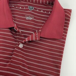 Nike Golf Polo Men's Large Red White Stripe Fit Dry SS Shirt Shield Logo Tagless